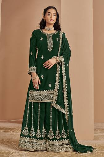 Green embroidery faux georgette palazzo