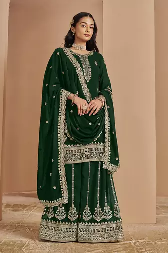 Green embroidery faux georgette palazzo