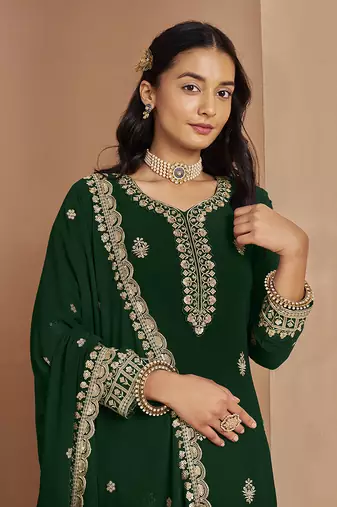 Green embroidery faux georgette palazzo