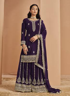Purple embroidery faux georgette palazzo 1