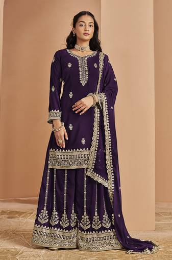 Purple embroidery faux georgette palazzo
