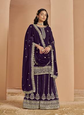 Purple embroidery faux georgette palazzo 2