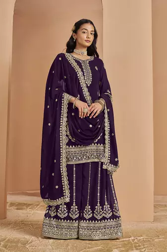 Purple embroidery faux georgette palazzo