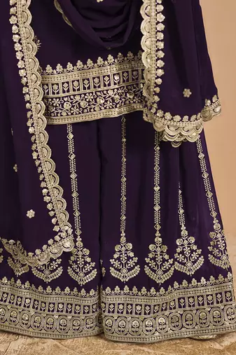 Purple embroidery faux georgette palazzo