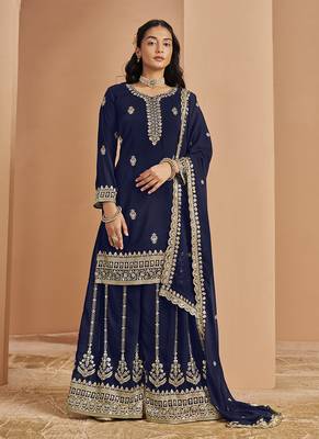 Blue embroidery faux georgette palazzo 1