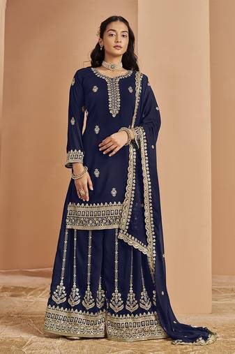 Blue embroidery faux georgette palazzo
