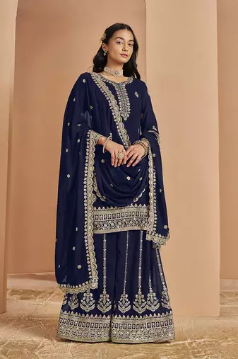 Blue embroidery faux georgette palazzo