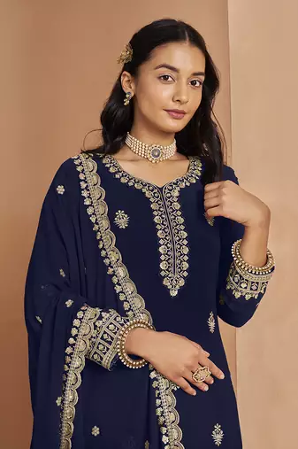 Blue embroidery faux georgette palazzo