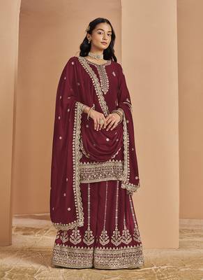 Maroon embroidery faux georgette palazzo 1