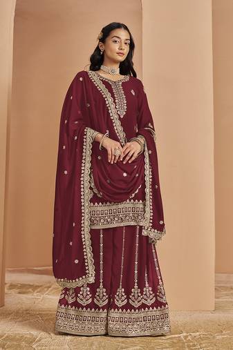 Maroon embroidery faux georgette palazzo