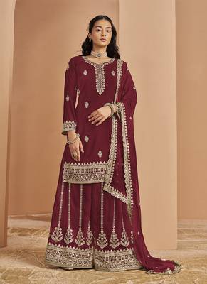 Maroon embroidery faux georgette palazzo 2
