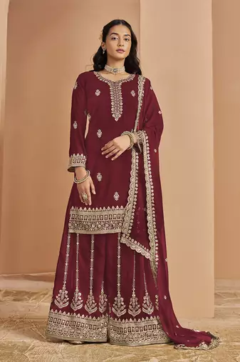 Maroon embroidery faux georgette palazzo