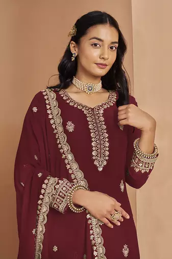 Maroon embroidery faux georgette palazzo