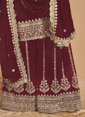 Maroon embroidery faux georgette palazzo 4