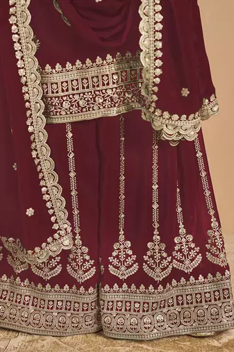 Maroon embroidery faux georgette palazzo