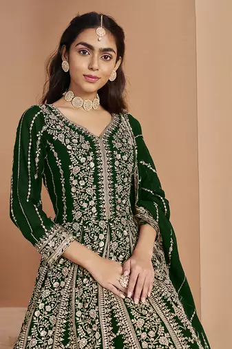 Green embroidery faux georgette anarkali suit