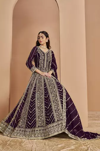 Wine embroidery faux georgette anarkali suit