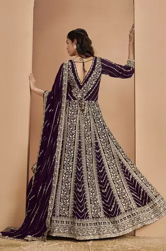 Wine embroidery faux georgette anarkali suit