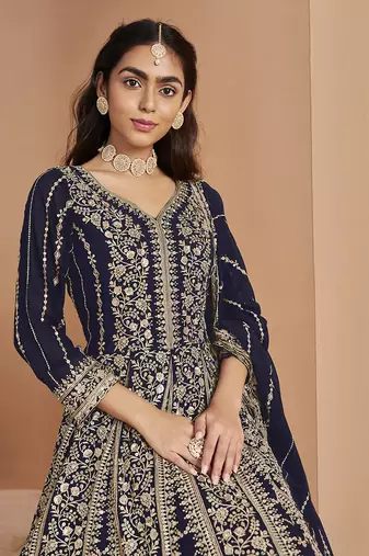 Blue embroidery faux georgette anarkali suit