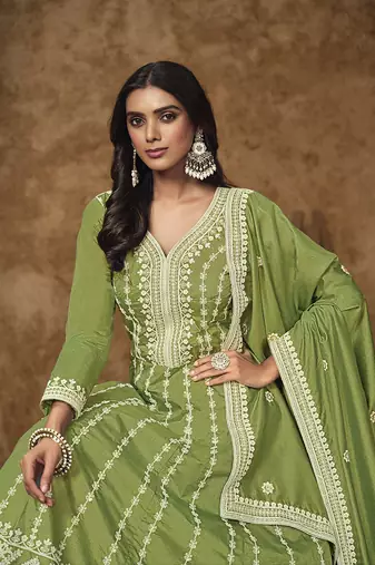 Light green embroidery dolla silk anarkali suit