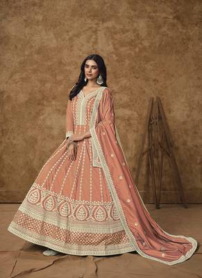 Peach embroidery dolla silk anarkali suit 2