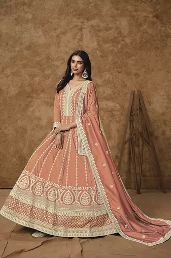 Peach embroidery dolla silk anarkali suit