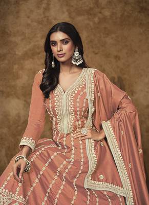 Peach embroidery dolla silk anarkali suit 4