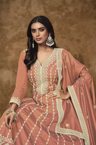 Peach embroidery dolla silk anarkali suit