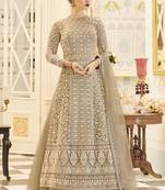 Beige zari embroidery and dimond work net anarkali churidar - full stitched