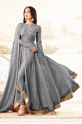 Grey zari embroidery and dimond work georgette anarkali churidar - full stitched 1