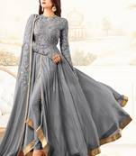 Grey zari embroidery and dimond work georgette anarkali churidar - full stitched