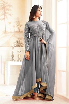 Grey zari embroidery and dimond work georgette anarkali churidar - full stitched 2