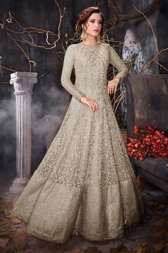 Off white zari embroidery and dimond work net anarkali churidar- full stitched