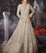 Off white zari embroidery and dimond work net anarkali churidar- full stitched
