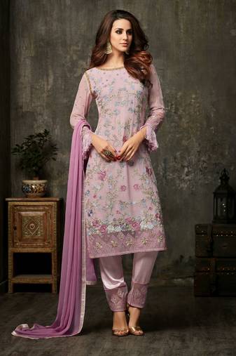 Pink zari embroidery and dimond work georgette straight pant- full stitched