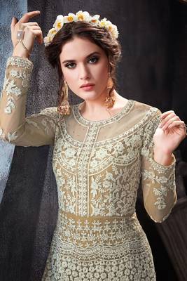 Off white zari embroidery and dimond work net anarkali churidar- full stitched 2