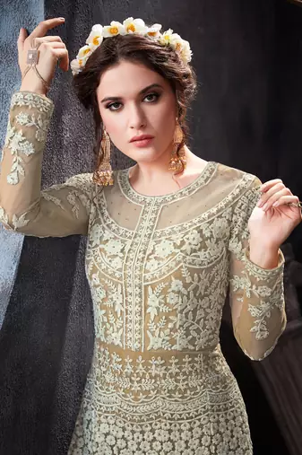 Off white zari embroidery and dimond work net anarkali churidar- full stitched