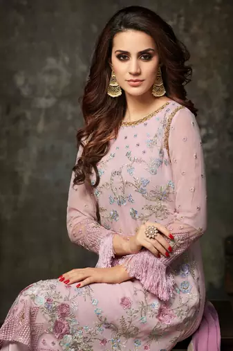 Pink zari embroidery and dimond work georgette straight pant- full stitched