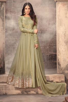 Green zari embroidery and dimond work net anarkali churidar- full stitched 1