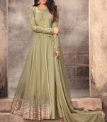 Green zari embroidery and dimond work net anarkali churidar- full stitched