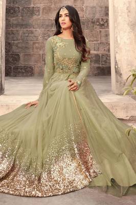 Green zari embroidery and dimond work net anarkali churidar- full stitched 2