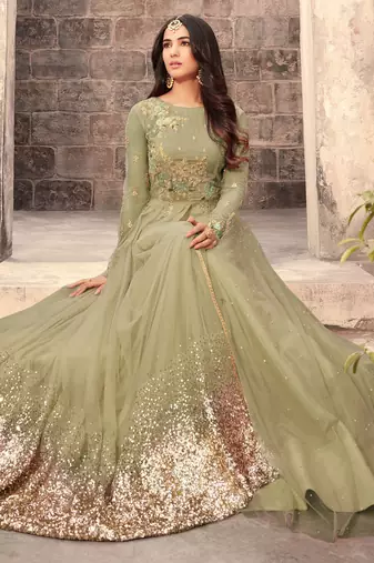 Green zari embroidery and dimond work net anarkali churidar- full stitched