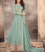 Sky blue zari embroidery and dimond work net anarkali churidar- full stitched