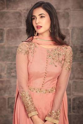 Peach zari embroidery and dimond work net anarkali churidar- full stitched 2