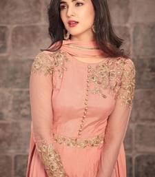 Peach zari embroidery and dimond work net anarkali churidar- full stitched