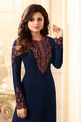 Blue zari embroidery and dimond work georgette straight palazzo- full stitched 2