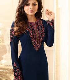 Blue zari embroidery and dimond work georgette straight palazzo- full stitched