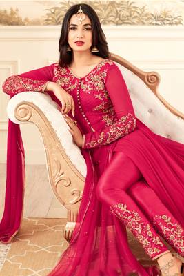 Dark pink zari embroidery and dimond work georgette anarakil pant- full stitched 2