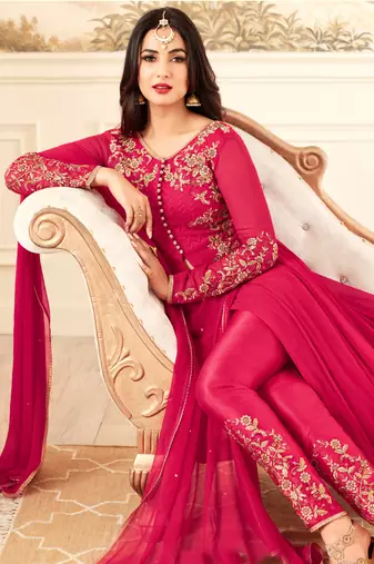 Dark pink zari embroidery and dimond work georgette anarakil pant- full stitched