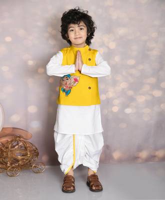 Yellow ganesh embroiderd jacket with kurta and dhoti set 1
